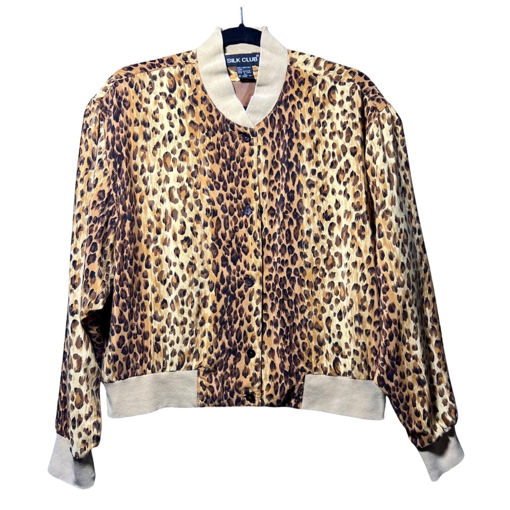Silk Club Vintage Leopard Print Silk Bomber Jacket Tan Brown Animal Print Medium